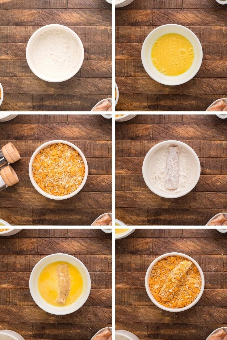 Step-by-step photo collage showing chicken tenders being breaded in potato chips.