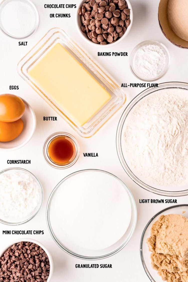 Overhead photo of ingredients prepped to make Disney num num cookies on a white table.