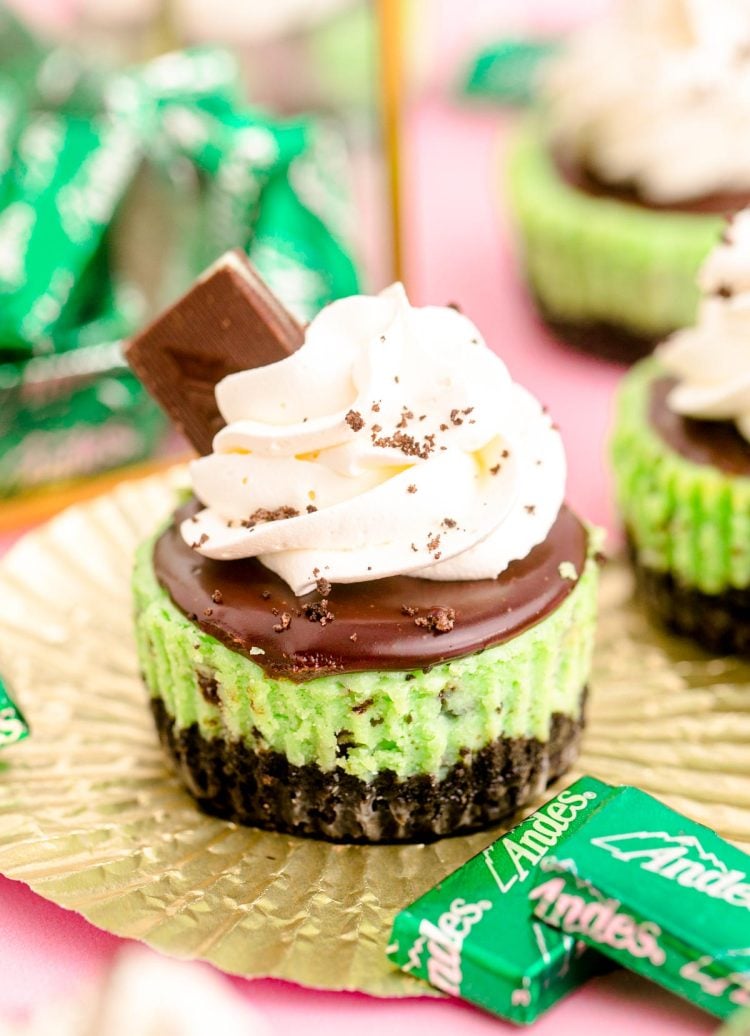 Close up photo of a mini chocolate mint cheesecake on a gold foil cupcake liner on a pink surface.