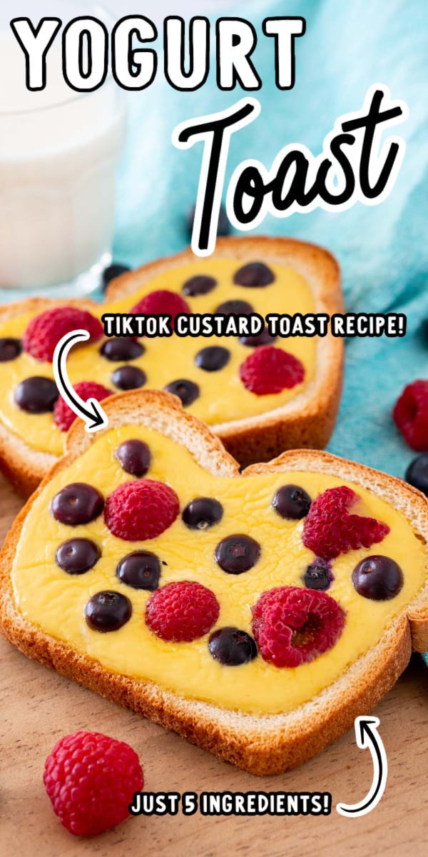 This Yogurt Toast (aka Custard Toast) is a popular breakfast recipe that's been popular on TikTok and is made with bread, egg, yogurt, maple syrup, vanilla, and toppings like berries and chocolate chips. This dessert-like breakfast is prepped in just 5 minutes and can be cooked in either the oven (more even cook) or the air fryer (faster cook). via @sugarandsoulco