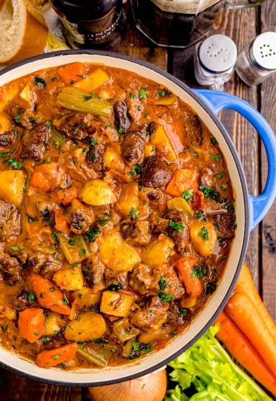 Overhead photo of a dutch oven filled with Irish beef stew.