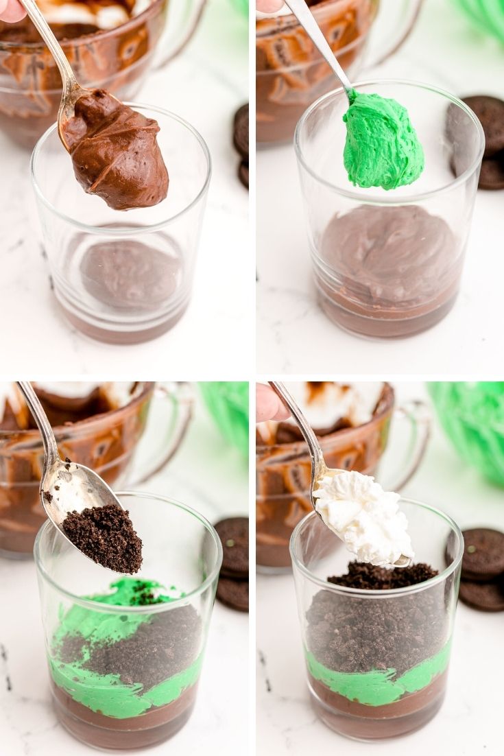 Step by step photos showing how to make dessert pudding cups for st. patrick's day.