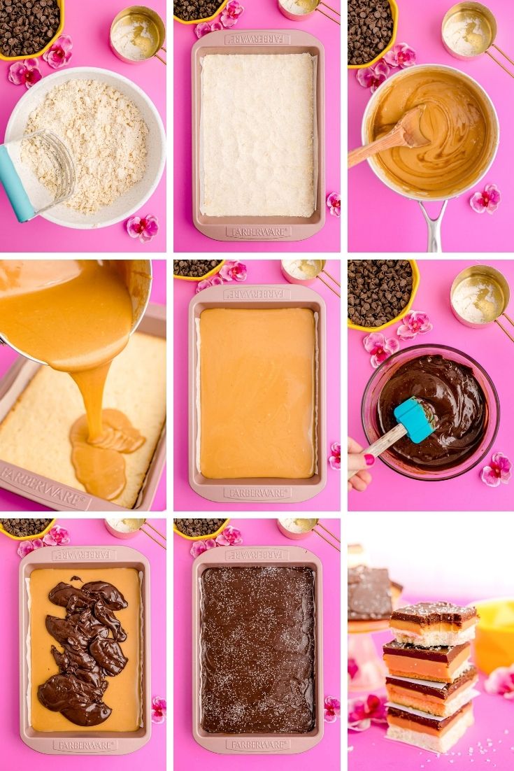 Step by step photo collage showing how to make millionaire bars.