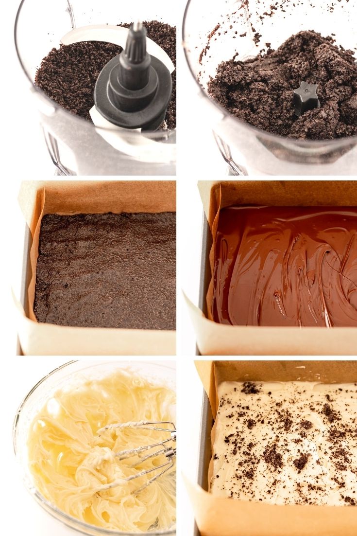 Step-by-step photo collage showing how to make nutella cheesecake bars.