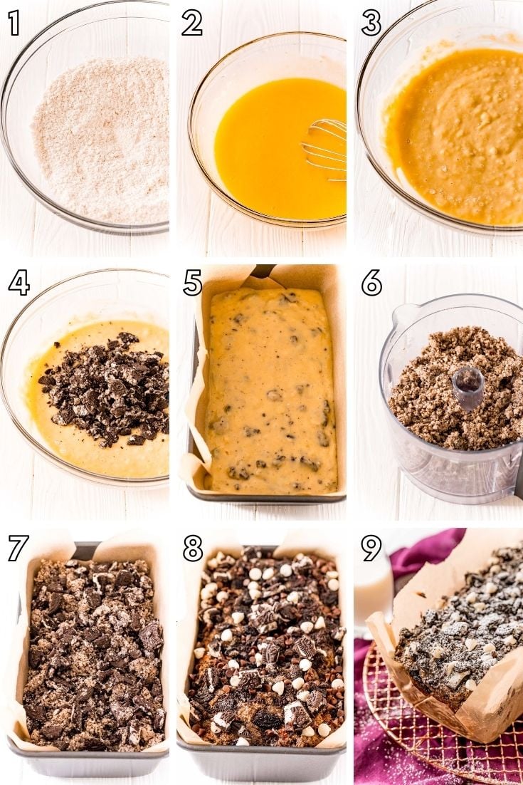 Step by step photo collage showing how to make oreo crumb cake.