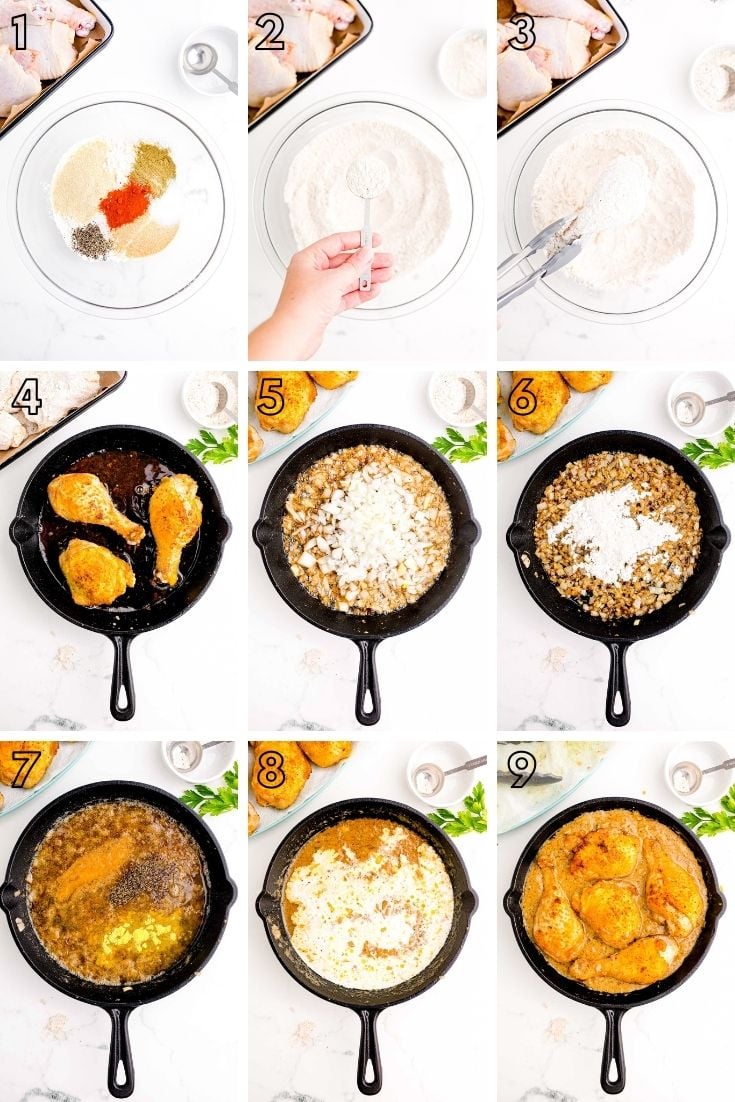 Step by step photo collage showing how to make smothered chicken and gravy.