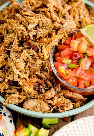 Pork carnitas in a teal bowl with pico de gallo.