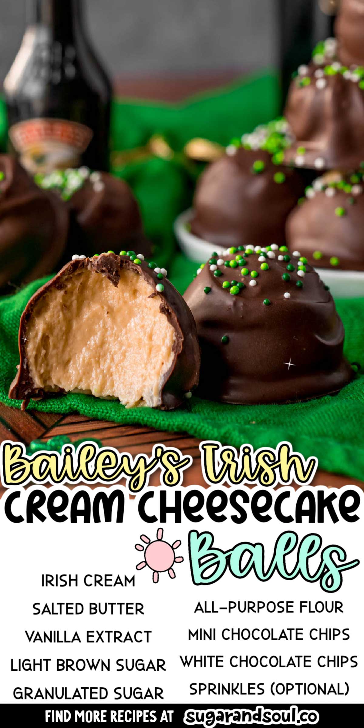 No Bake Bailey's Cheesecake Balls have a creamy 4-ingredient Irish cream cheesecake filling that's then dipped in smooth melted chocolate! The perfect St. Patrick's Day dessert to enjoy with friends and family! via @sugarandsoulco