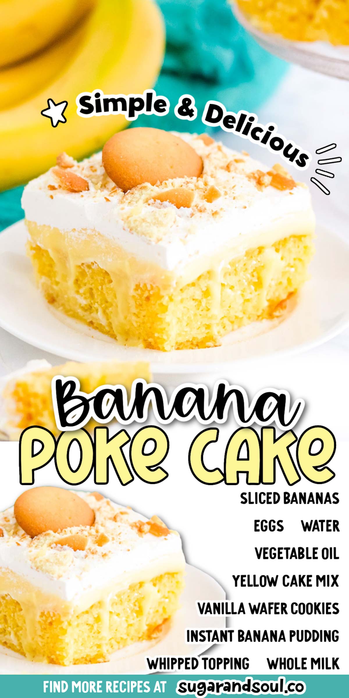 Banana Pudding Poke Cake is an easy-to-make dessert that's loaded with sweet banana flavor, preps with just 15 minutes of hands-on time! The perfect addition to all of those summertime BBQs! via @sugarandsoulco