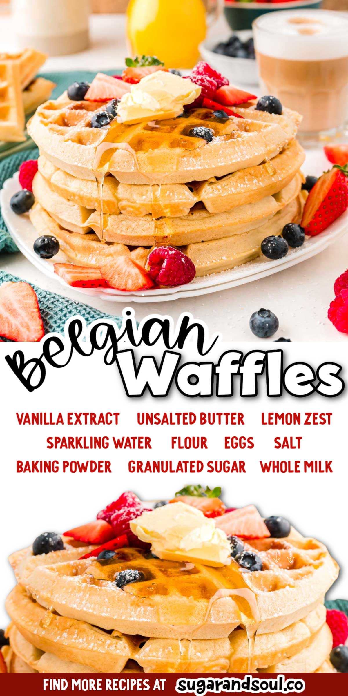 Belgian Waffles are made with sparkling water to create incredibly fluffy waffles that are perfect for covering in your favorite toppings! via @sugarandsoulco