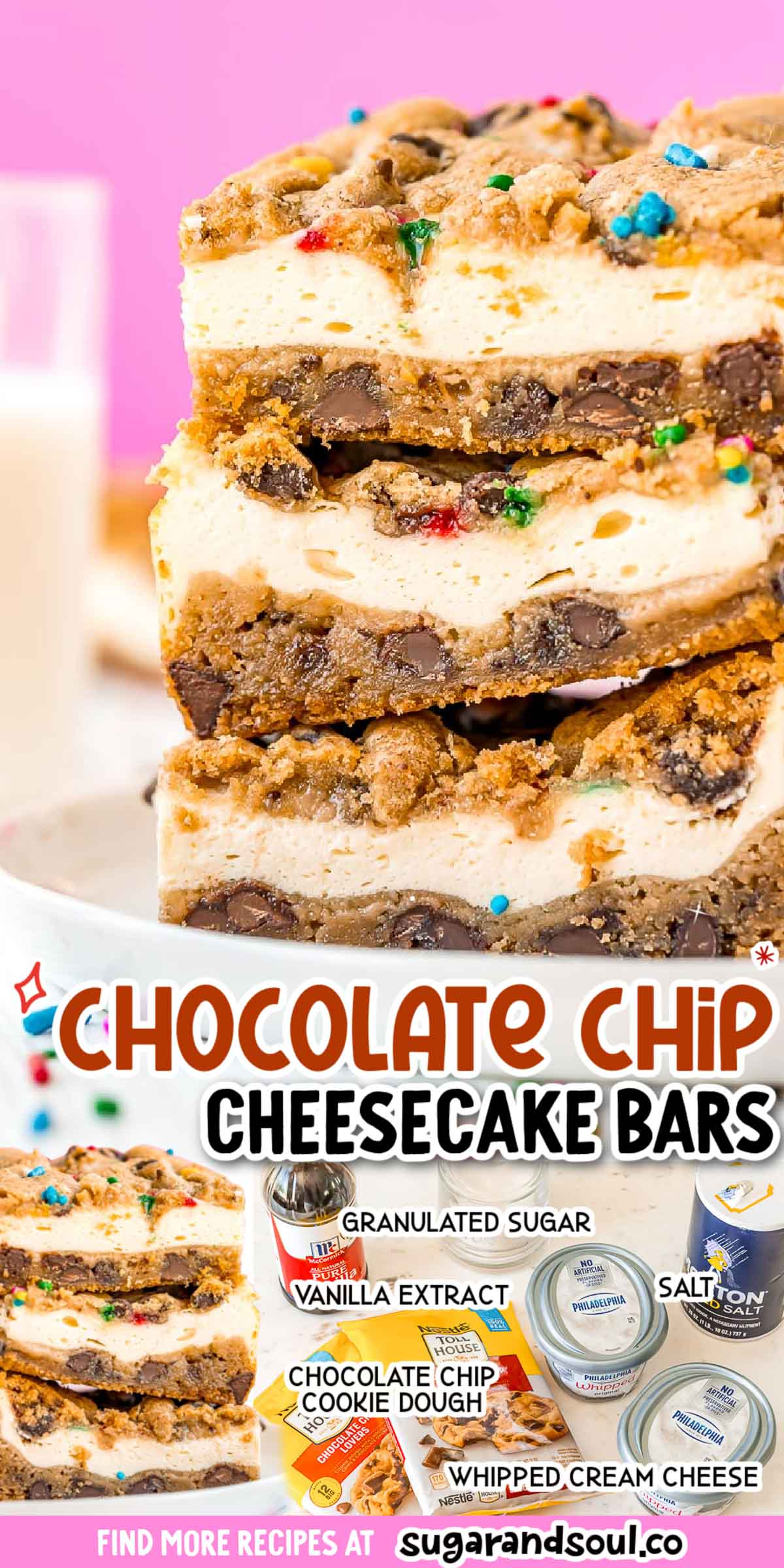 Chocolate Chip Cheesecake Bars consists of cream cheese filling sandwiched between two chocolate chip cookie layers. Made with just four ingredients, prep is a cinch, thanks to refrigerated chocolate chip cookie dough!  via @sugarandsoulco