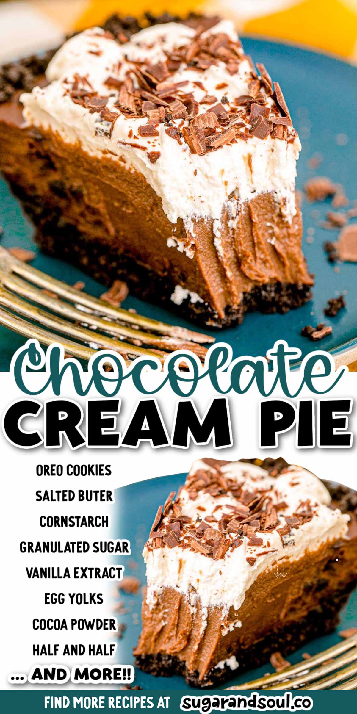 This Chocolate Cream Pie has an Oreo cookie crust that's filled with a rich chocolate custard filling then topped with fluffy whipped cream! The perfect dessert for holidays, picnics, and parties! via @sugarandsoulco