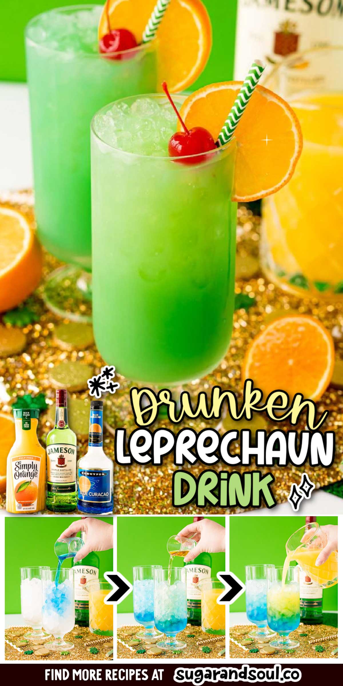 Drunken Leprechaun is a sweet, fruity, vibrant green cocktail that's made with just 3 ingredients in less than 5 minutes! The perfect drink to sip on and serve at your St. Patrick's Day party! via @sugarandsoulco