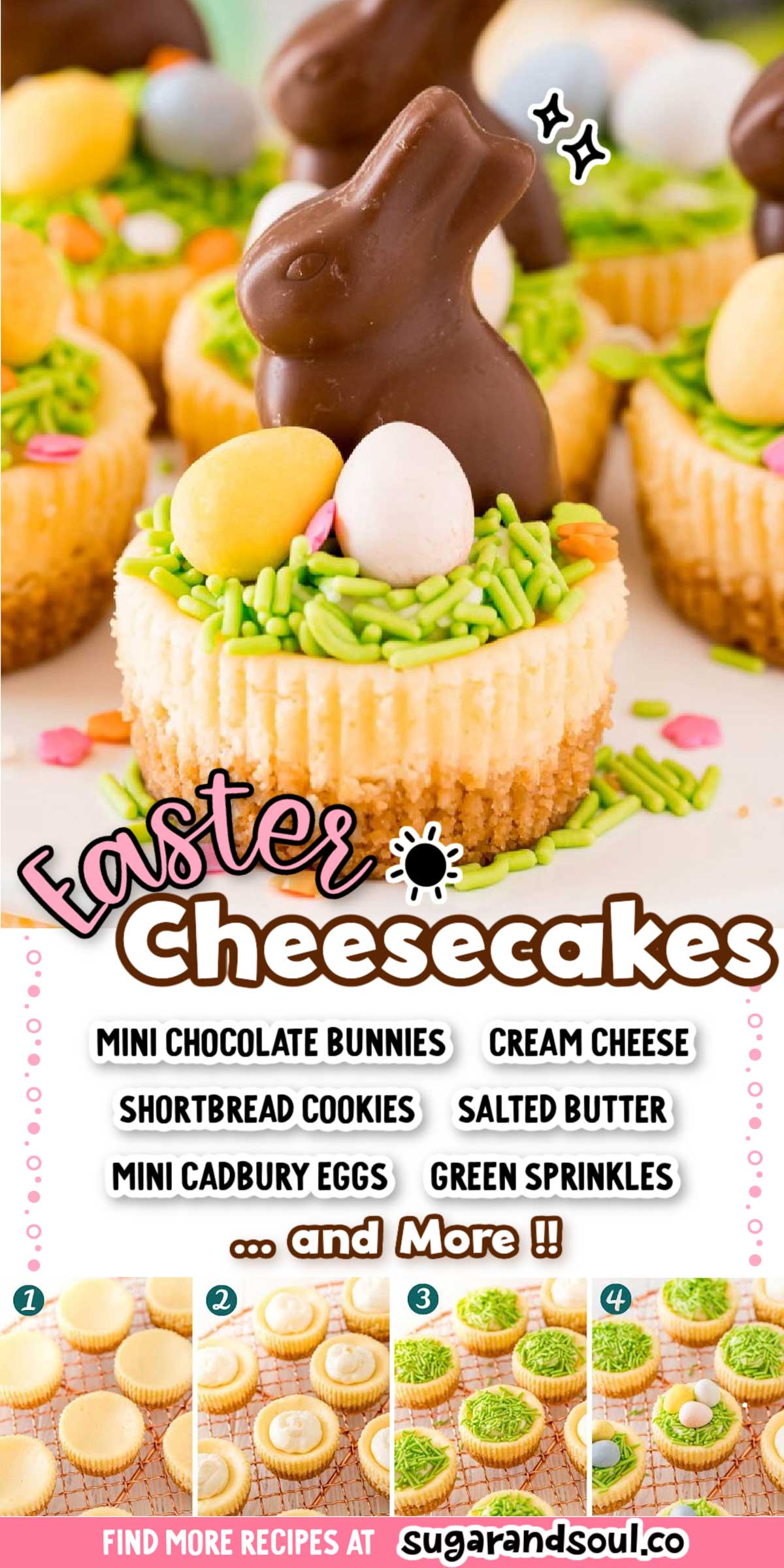 Mini Easter Cheesecakes are rich bite-sized cheesecakes topped with fun Easter candy for the perfect holiday dessert that kids will love! via @sugarandsoulco