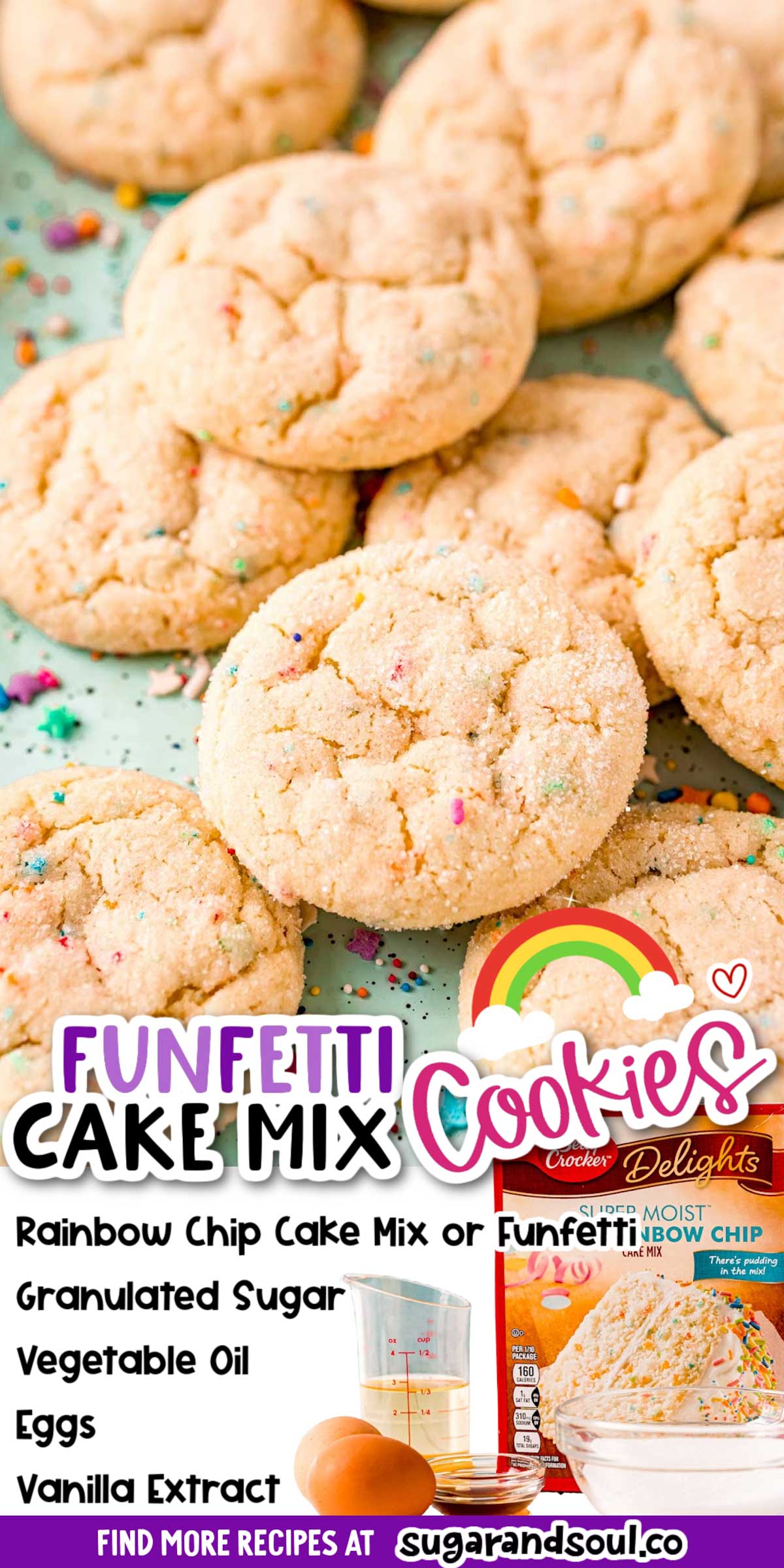 Funfetti Cake Mix Cookies is an easy 5 ingredient recipe that's baked to soft and chewy perfection for a deliciously addictive dessert! via @sugarandsoulco
