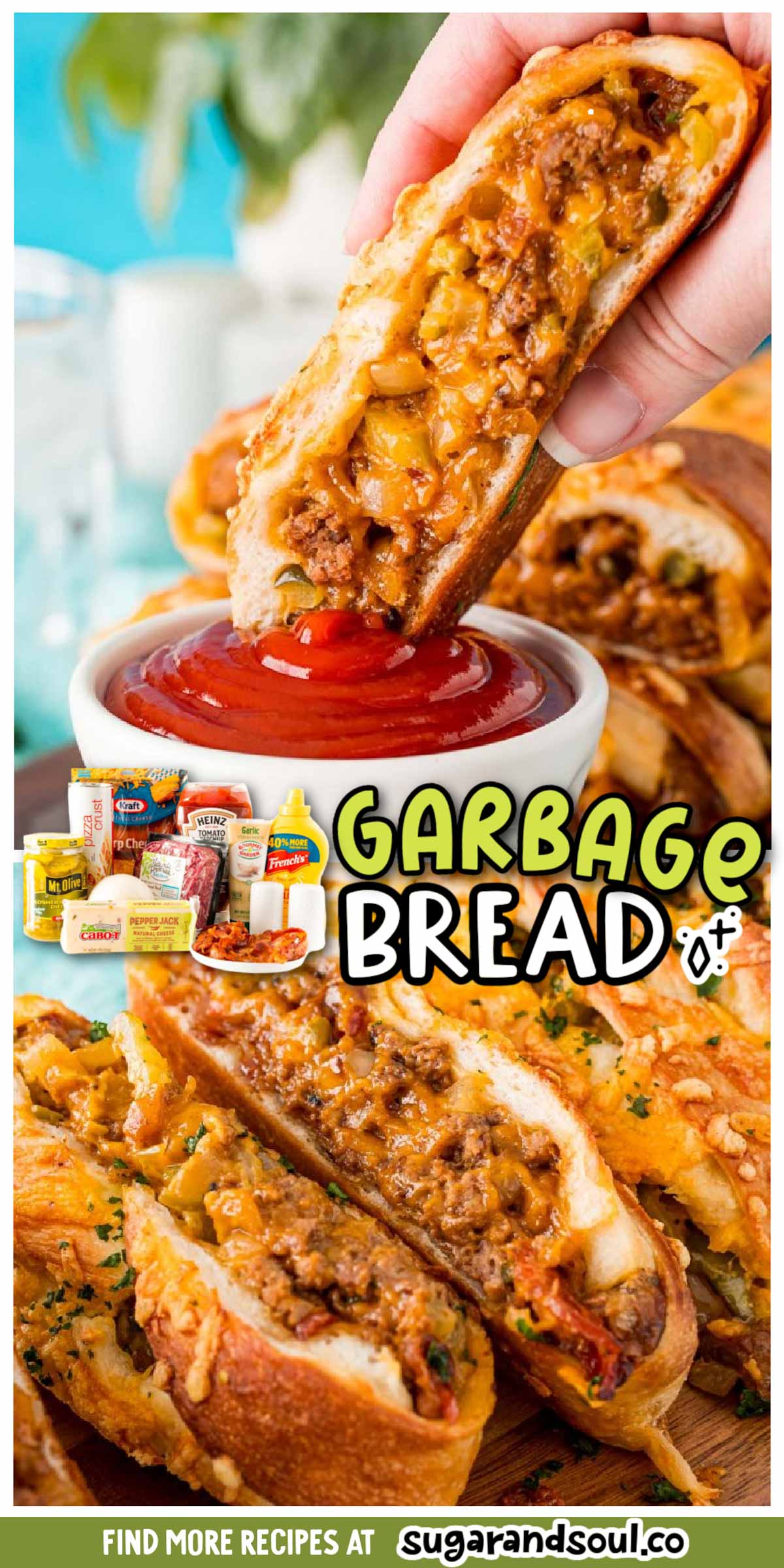 This Garbage Bread is a warm, cheesy pizza loaf that's filled with ground beef, cooked crumbles of bacon, dill pickles, and diced onions! Prep this savory appetizer for the big game in just 30 minutes! via @sugarandsoulco