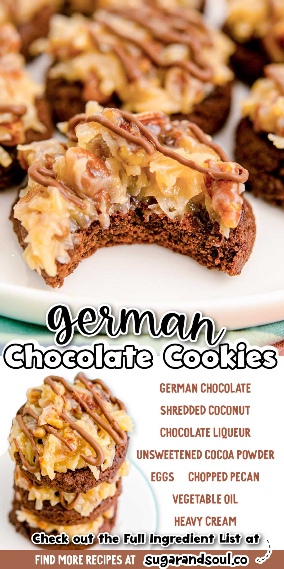 German Chocolate Cookies combines chewy chocolate cookies and rich coconut pecan frosting for a decadent dessert that's ready in 40 minutes! via @sugarandsoulco