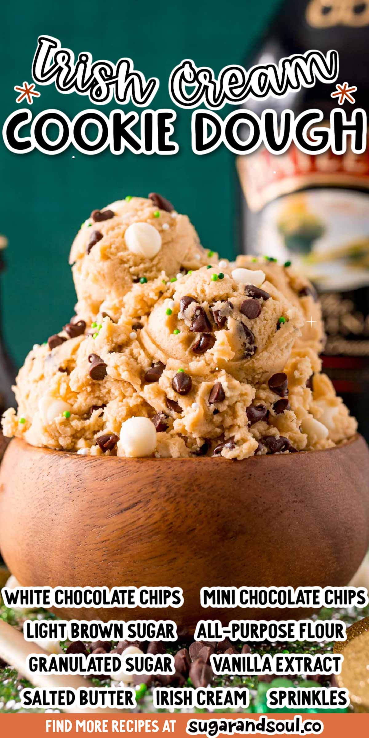 Irish Cream Edible Cookie Dough is an easy-to-make eggless treat that's made with Irish cream, chocolate chips, and a few pantry staple ingredients! A sweet dessert that's perfect for St. Patrick's Day! via @sugarandsoulco
