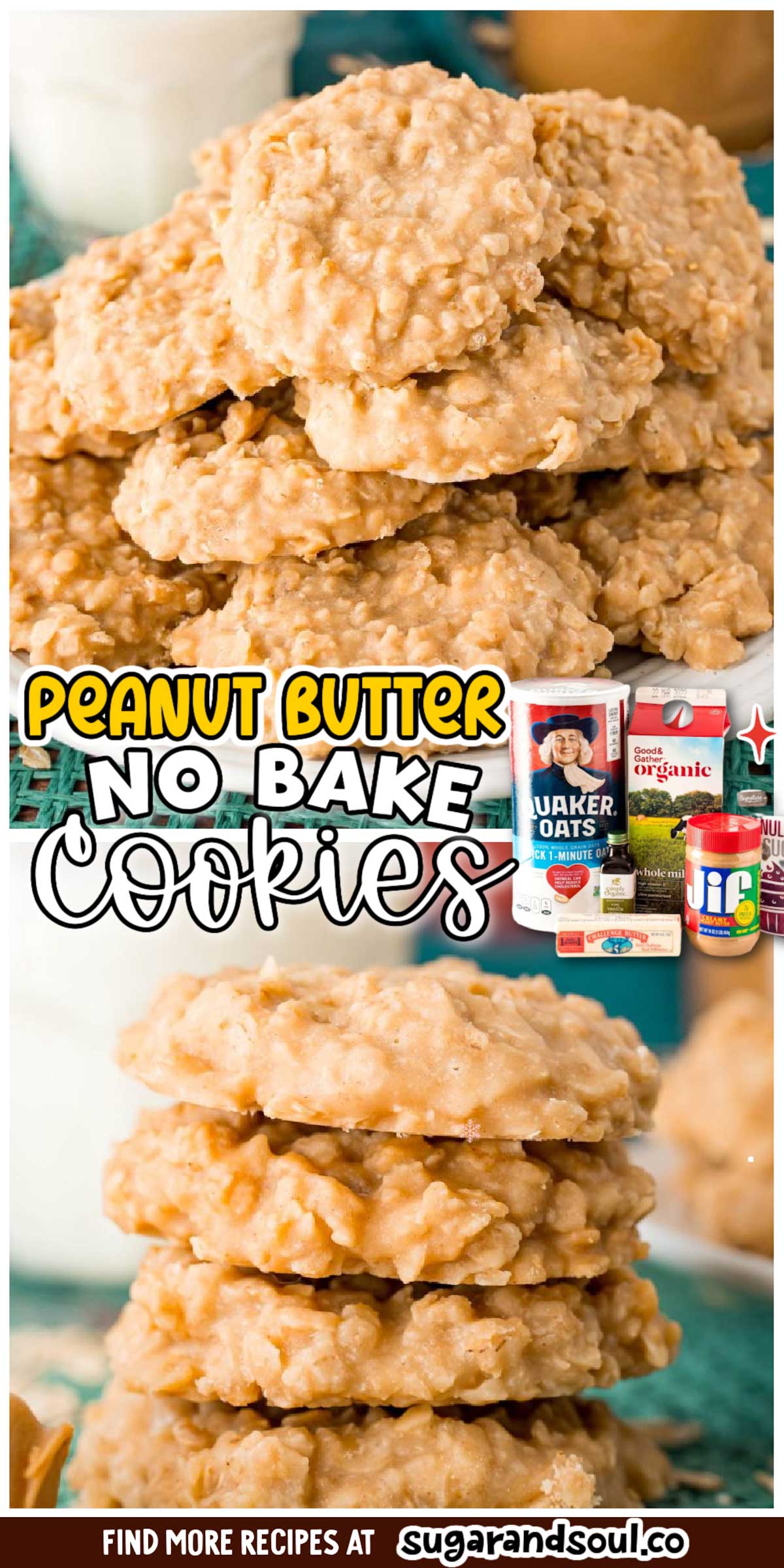 Peanut Butter No Bake Cookies are so easy to make with just 6 ingredients and only take a few minutes of prep! You'll love every bite of these sugary peanut butter and oatmeal cookies and the best part is you don't even have to turn on the oven! via @sugarandsoulco