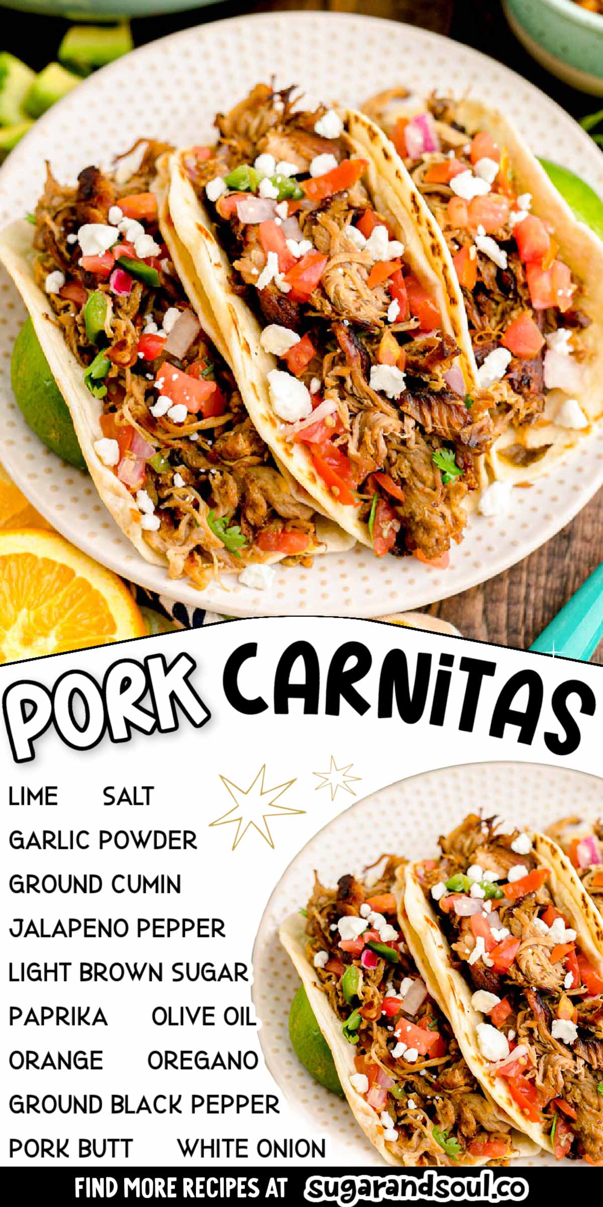 Pork Carnitas has juicy, flavorful meat that gets seasoned with an easy homemade rub before slow cooking to delicious tender perfection! Tuck the finished meat inside tortillas and pile on the toppings to create incredible Pork Tacos that everyone will love! via @sugarandsoulco