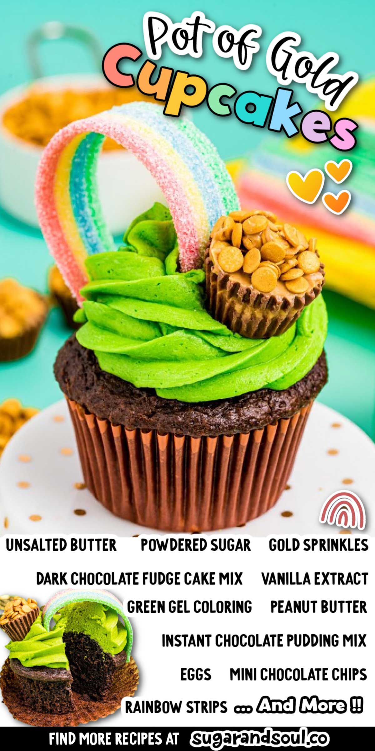 These Pot of Gold Cupcakes are perfect for St. Patrick's Day! Made with a doctored chocolate box mix and sweet buttercream frosting then topped with candy to make a pot of gold at the end of the rainbow! via @sugarandsoulco