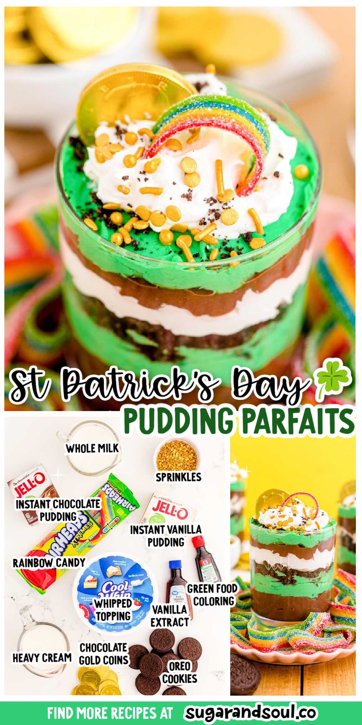 Easy St. Patrick's Day Dessert Parfaits have layers of chocolate and vanilla pudding, crunchy Oreo crumbs, and sweet whipped topping! Prep these fun dessert cups in just 30 minutes!  via @sugarandsoulco