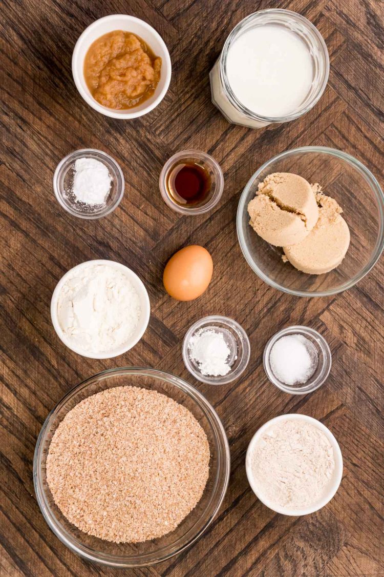 Ingredients to make bran muffins on a wooden table.