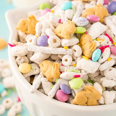 Close up photo of bunny bait in a white bowl on a blue surface.