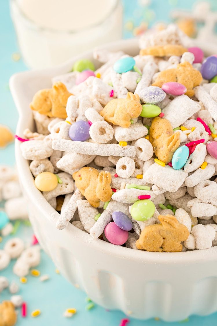 Close up photo of bunny bait in a white bowl on a blue surface.