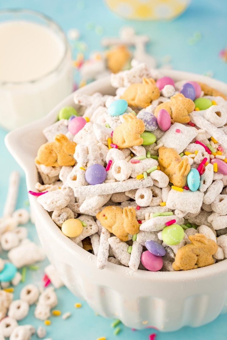 Close up photo of bunny bait in a white bowl on a blue surface.