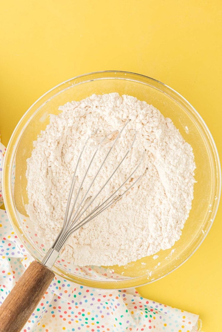 flour and cornstarch whisked together in a glass mixing bowl.