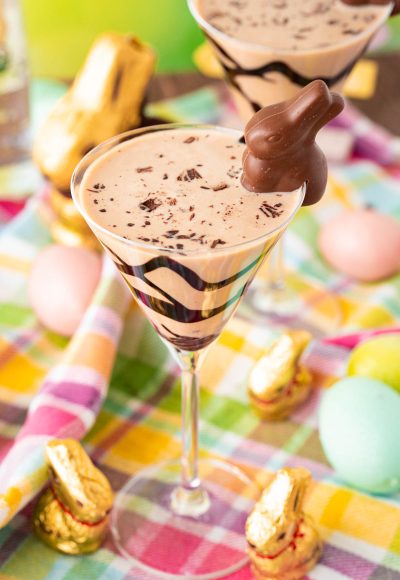 Chocolate martini garnished with a chocolate easter bunny.