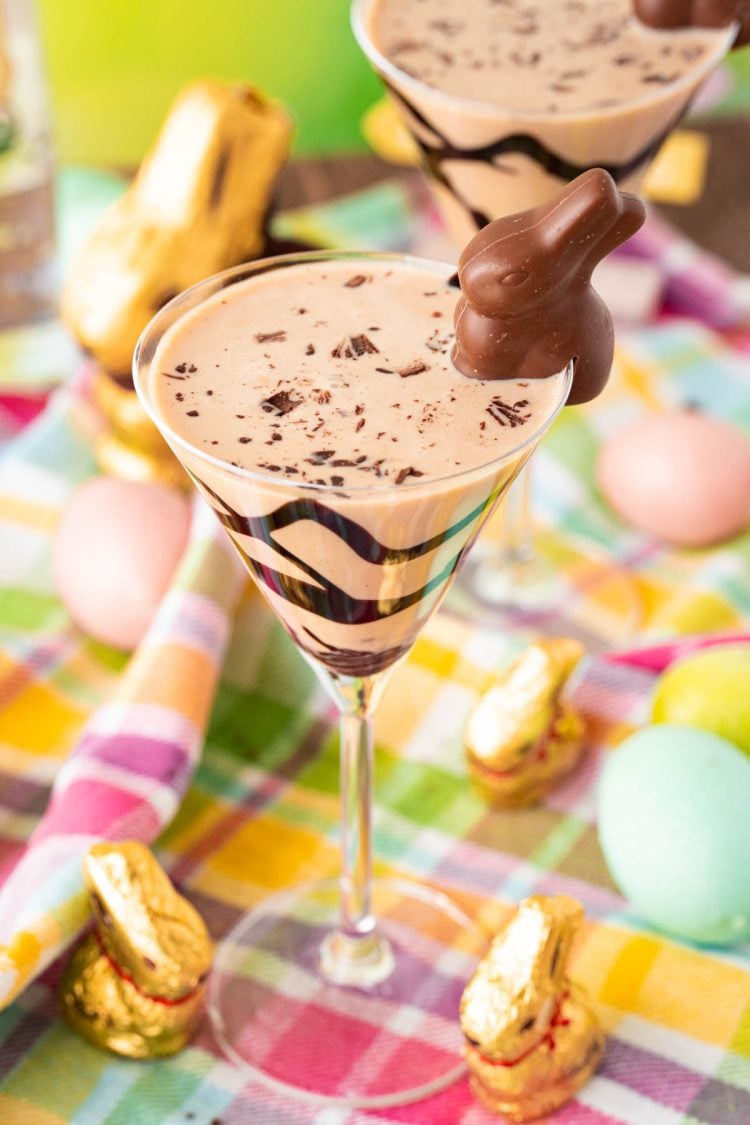 Chocolate martini garnished with a chocolate easter bunny.