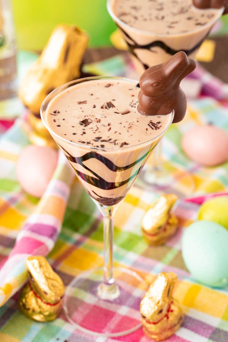 Chocolate martini garnished with a chocolate easter bunny.