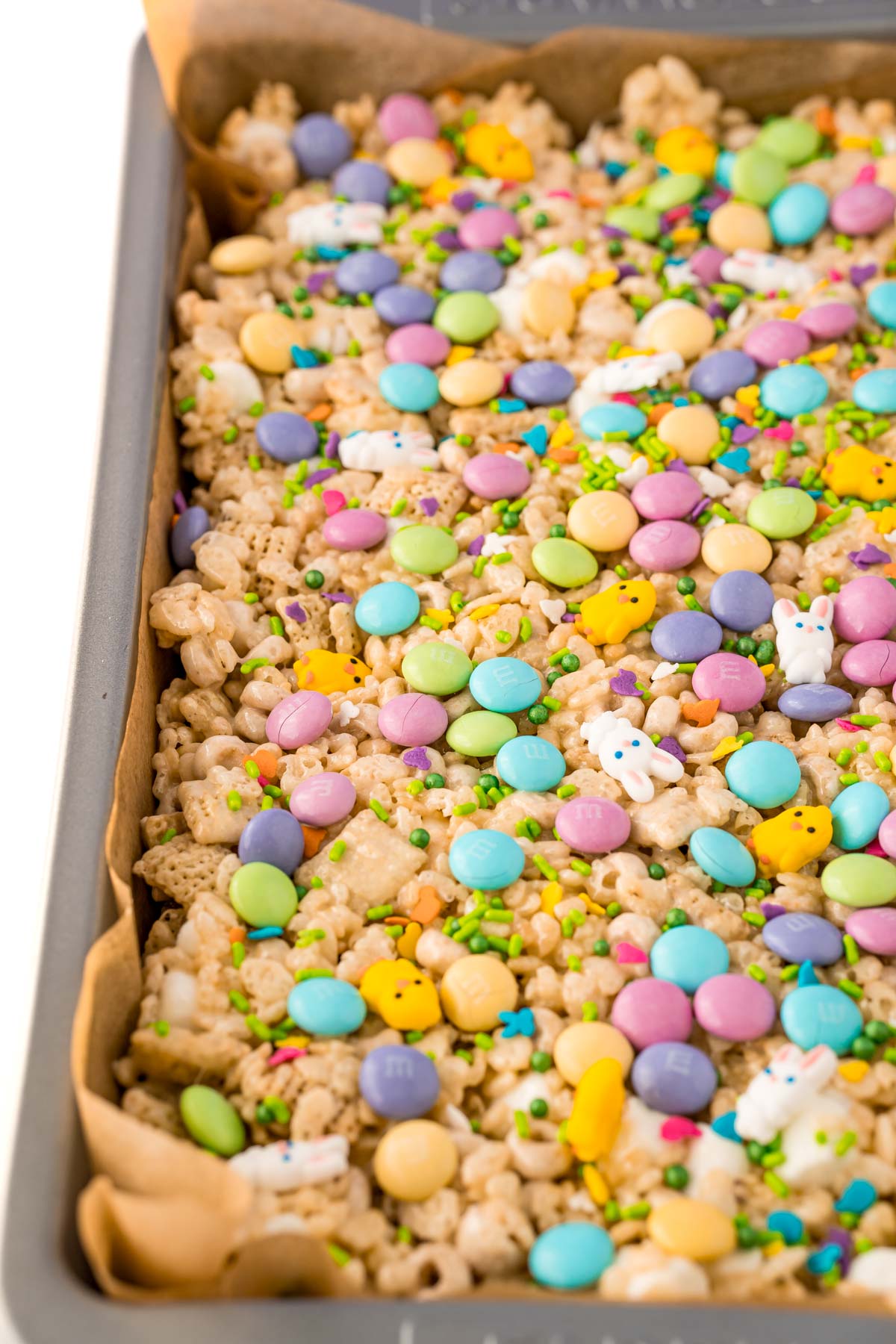 Easter rice krispie treats in a pan.