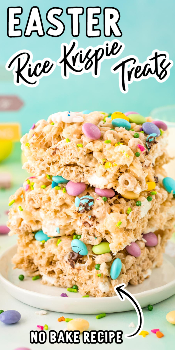 Easter Rice Krispie Treats are sweet, chewy no-bake squares that are made with three kinds of cereal, marshmallows, sprinkles, and M&Ms! Takes only 10 minutes of hands-on time to prepare! via @sugarandsoulco