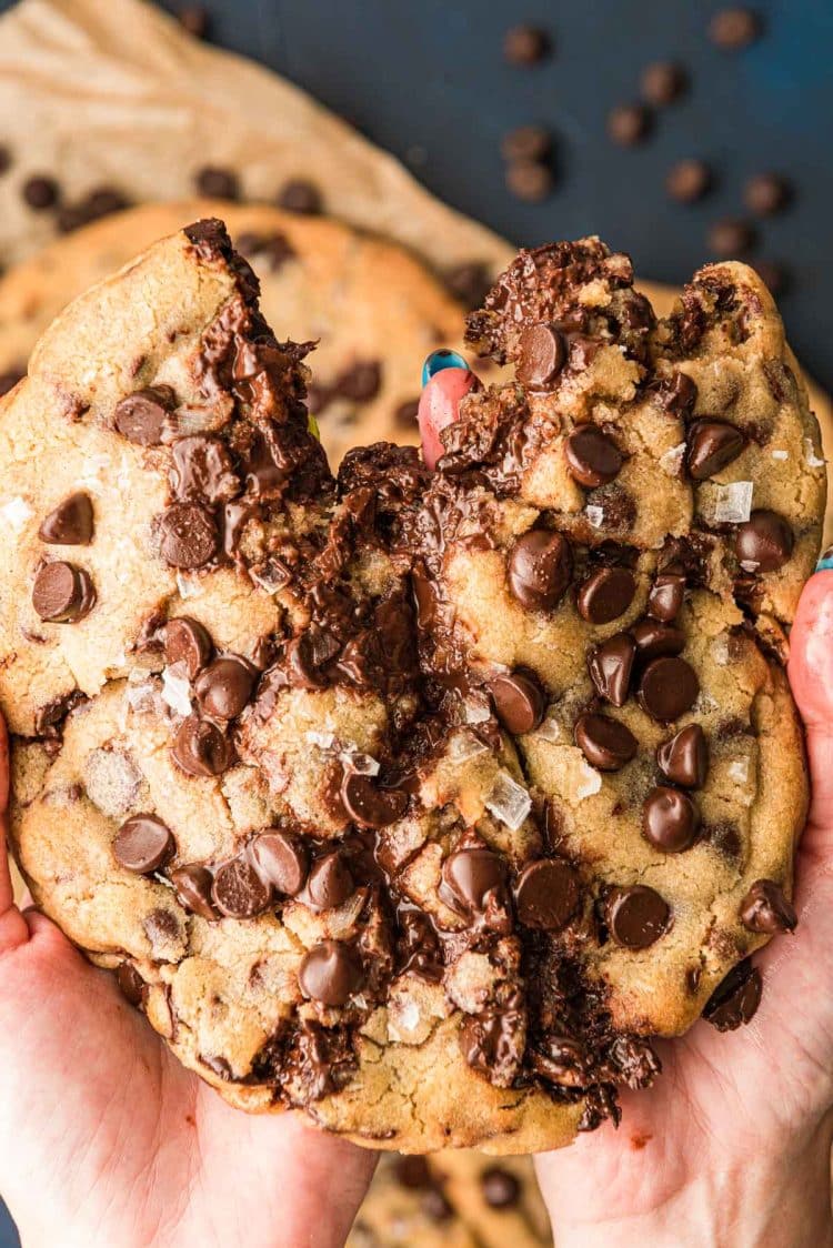 A woman's hands breaking apart a giant chocolate chip cookie.