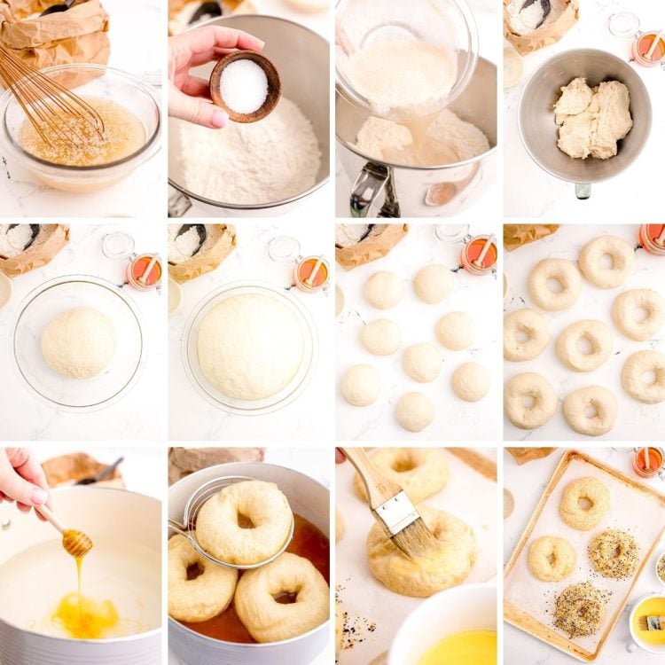 step by step photo collage showing how to make bagels.