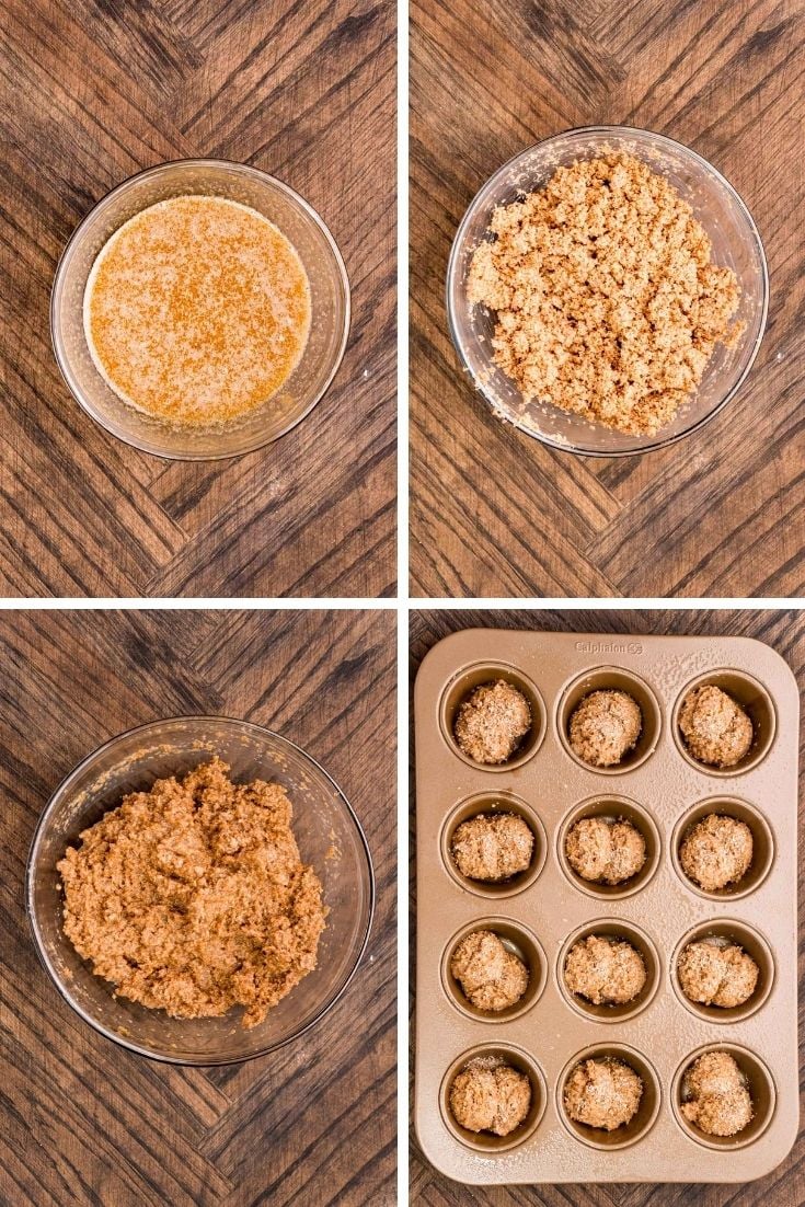 Step by step photo collage showing how to make bran muffins.