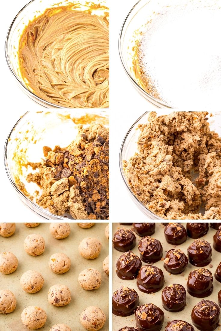 Step by step photo collage showing how to make butterfinger truffles.