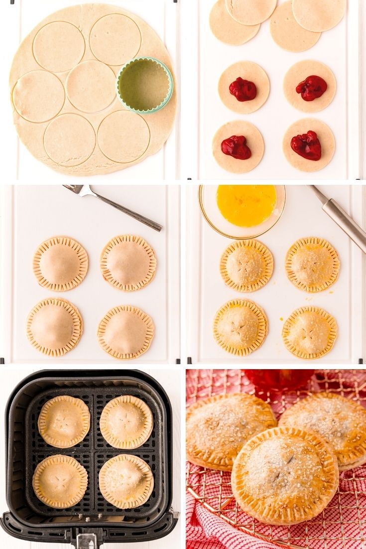 Step by step photo collage showing how to make hand pies in the air fryer.