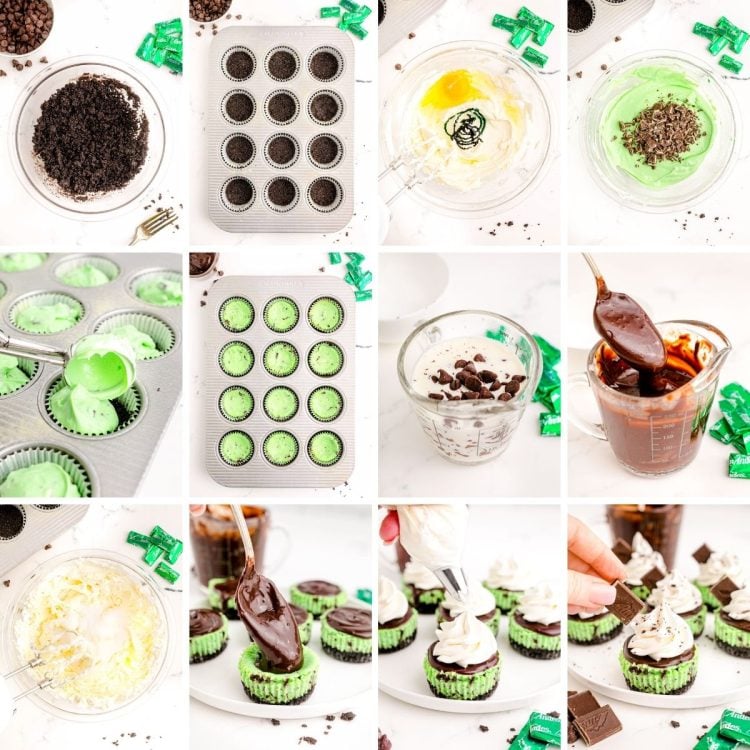 Step by step photo collage showing how to make mini mint chocolate oreo cheesecakes from scratch.