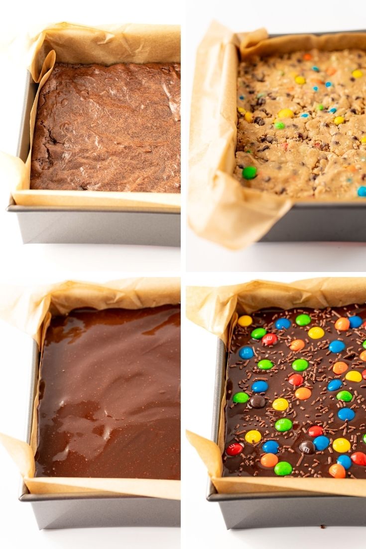Step by step photo collage showing how to make monster cookie dough brownies.