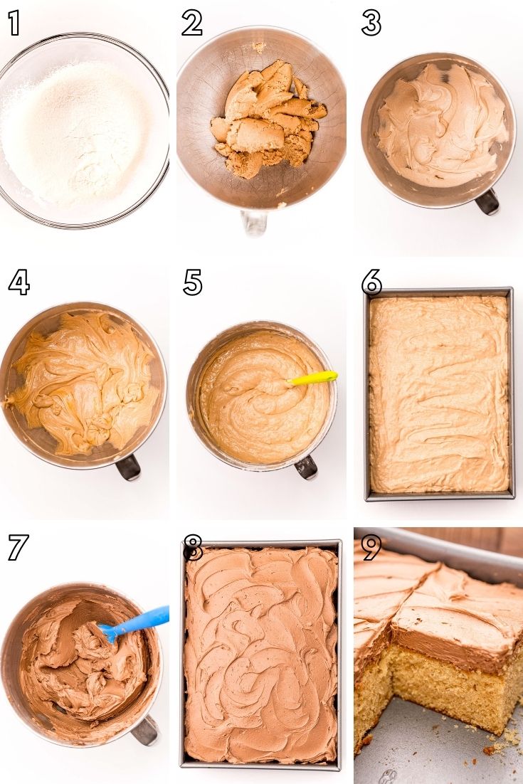 Step by step photo collage showing how to make peanut butter sheet cake.