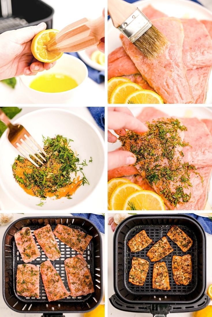 Step by step photo collage showing how to make salmon in the air fryer.