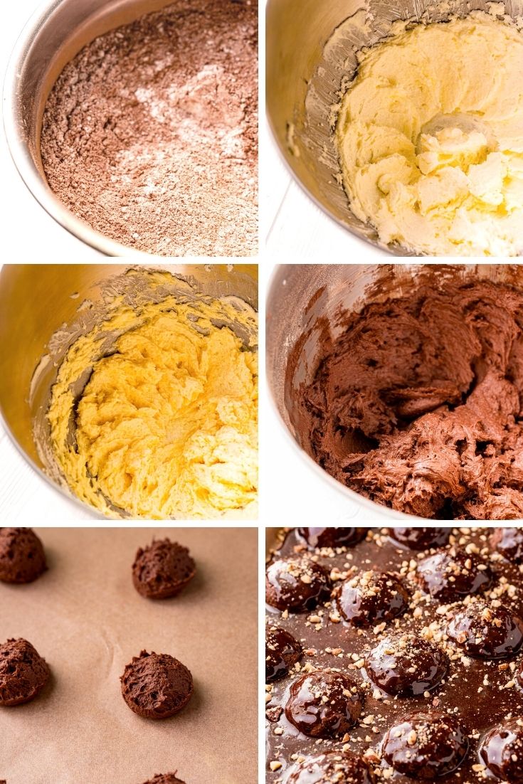 Step by step photo collage showing how to make Texas sheet cake cookies.