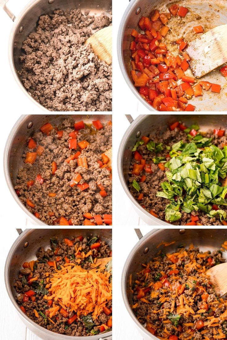 Step by step photo collage showing how to make thai basil beef.