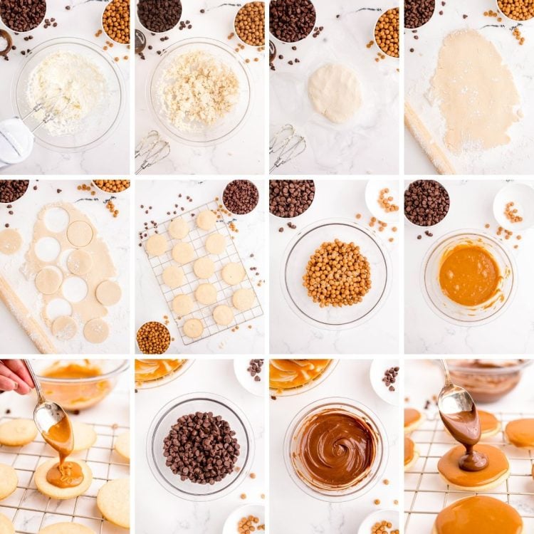 Step by step photo collage showing how to make Twix cookies.