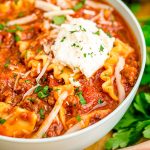 Close up photo of a bowl of lasagna soup.