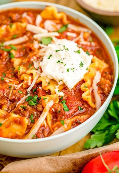 Close up photo of a bowl of lasagna soup.